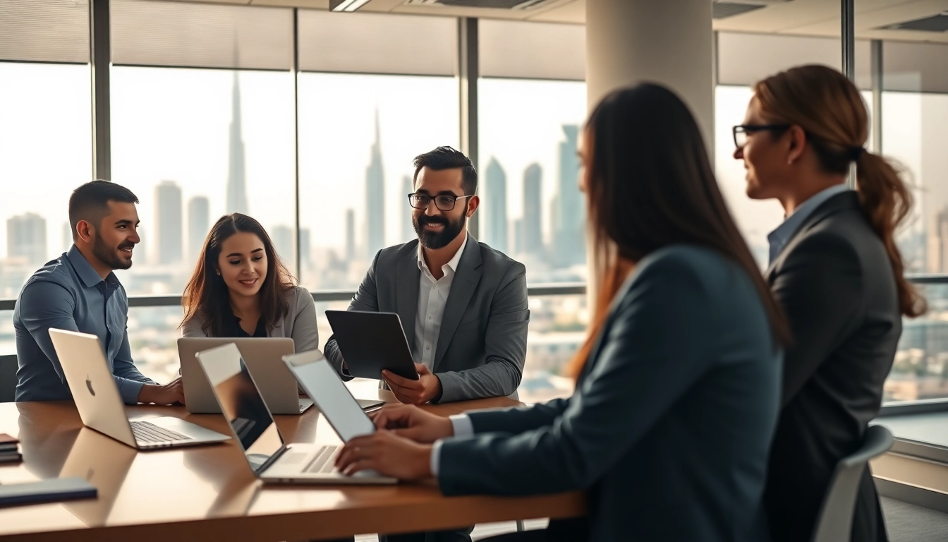 Engaging professionals as Business Consultants in Dubai collaborate in a modern office.