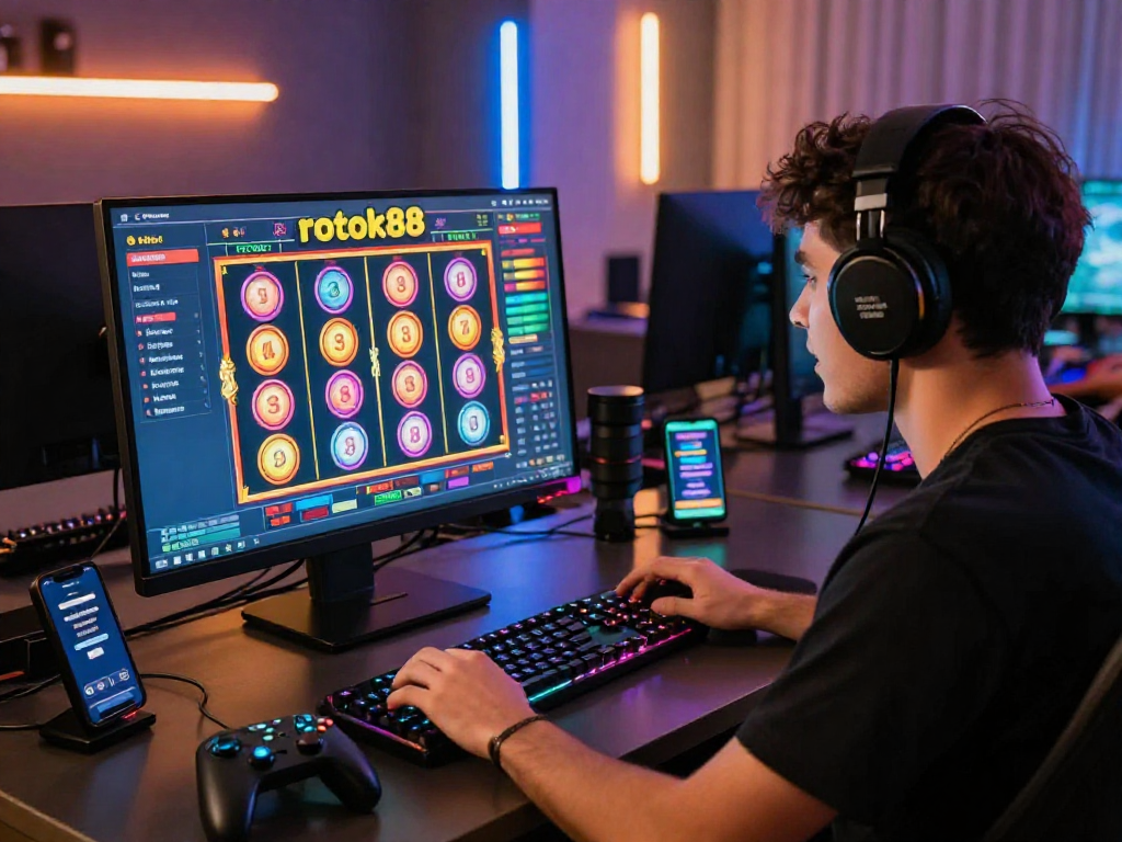 Player immersed in rokok88 slot login on computer, showcasing colorful game interface and modern gaming setup.