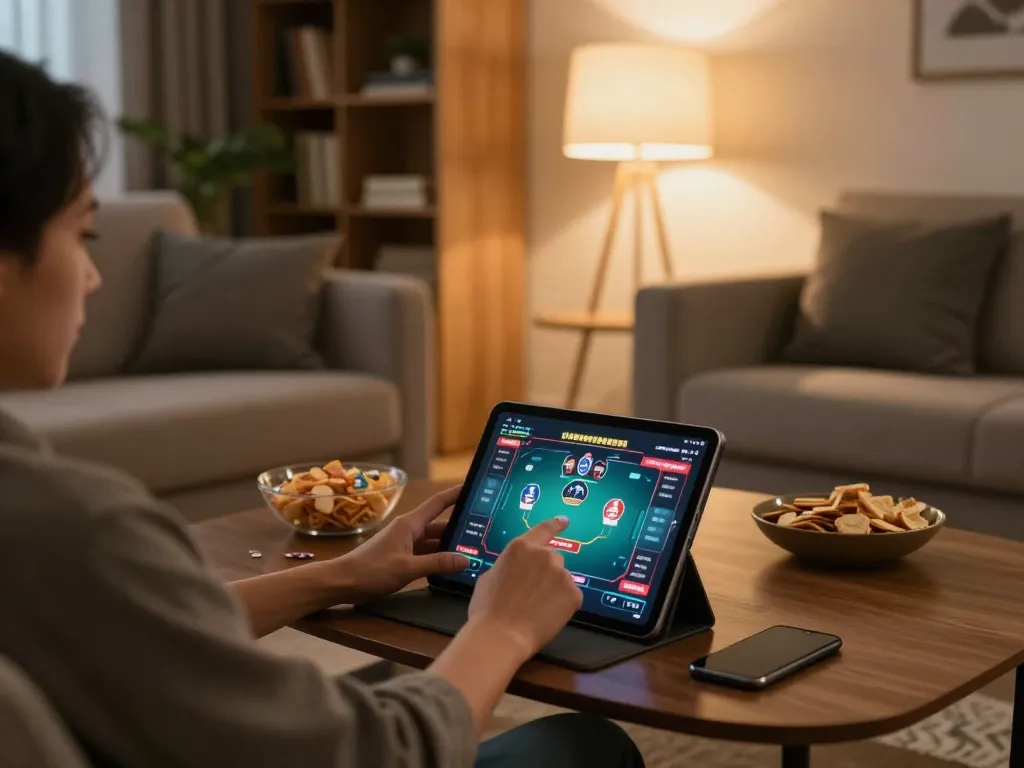 Person enjoying online casinos in Canada reddit on a tablet at home, cozy atmosphere, gaming strategy notes