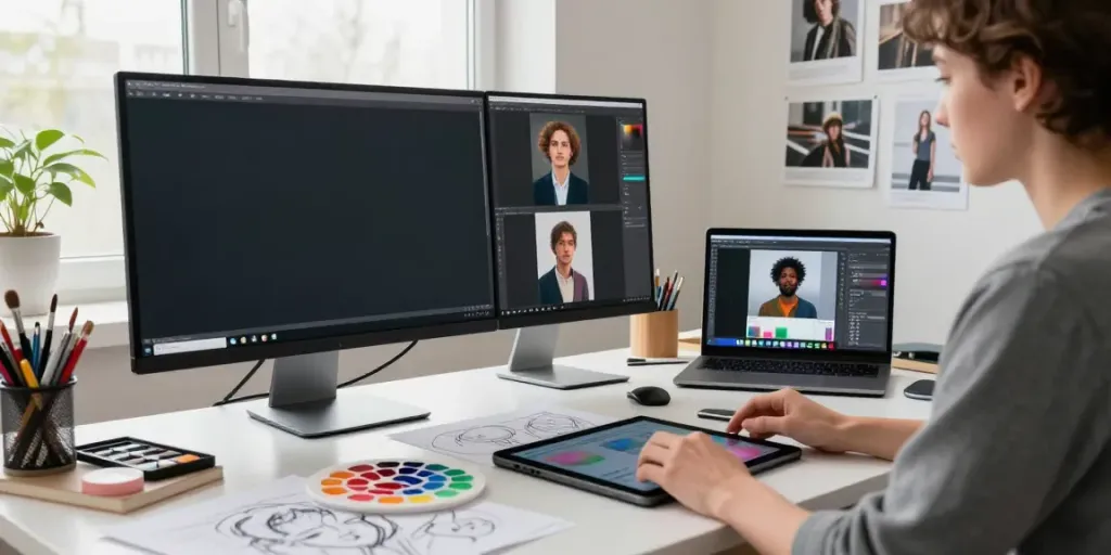 Digital artist creating AI image variations in a colorful workspace.