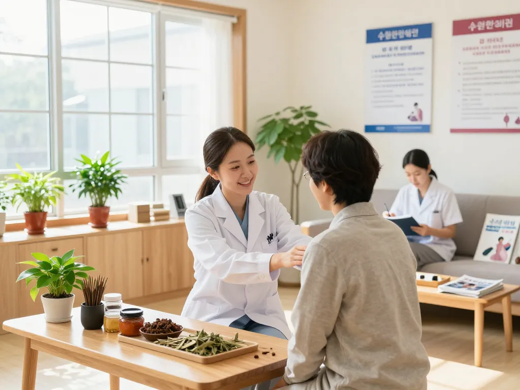 Dedicated practitioner at 수원한의원 providing personalized consultation in a serene clinic.
