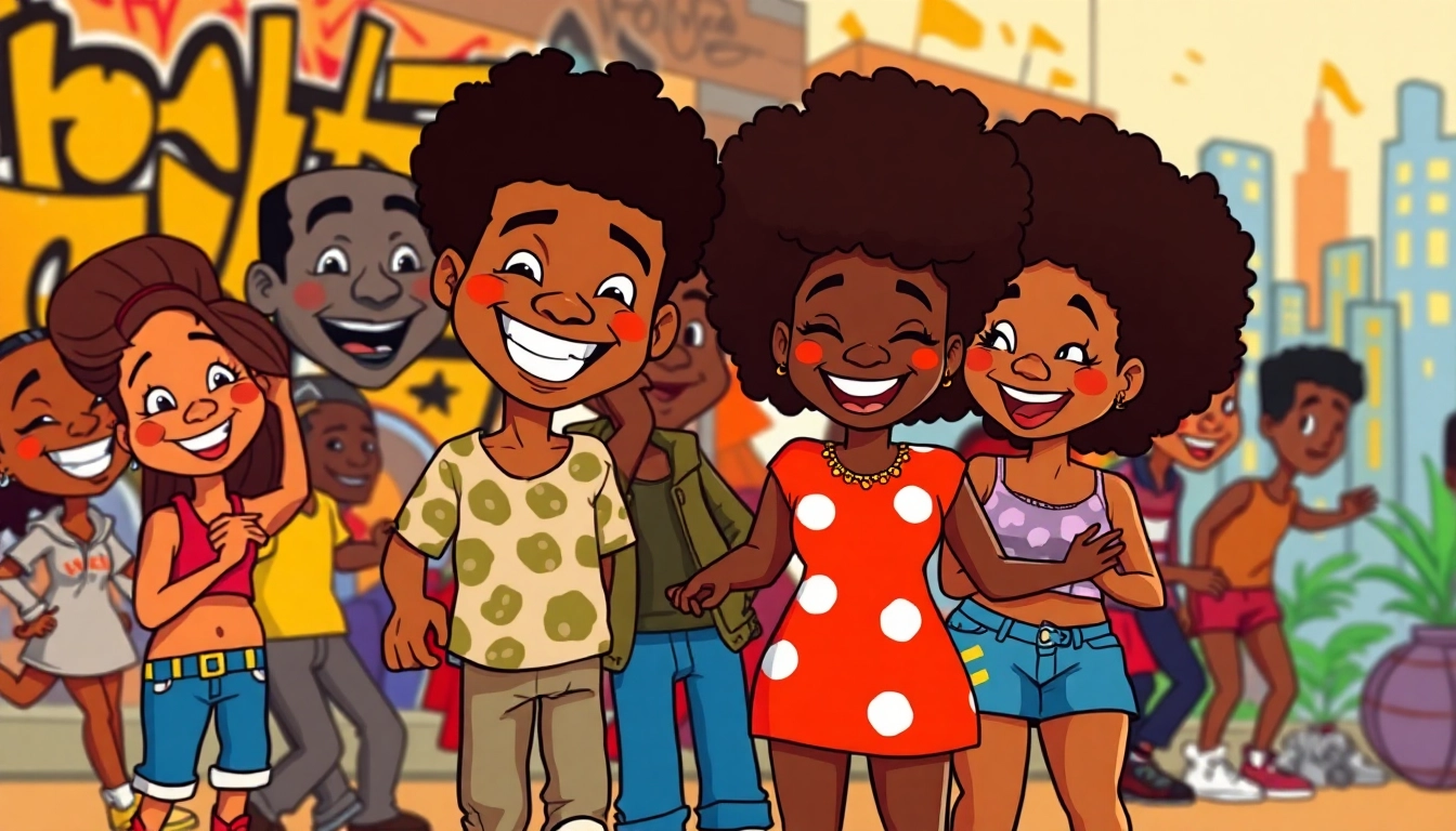 A colorful illustration of African American Cartoons featuring beloved characters in a joyful urban setting.