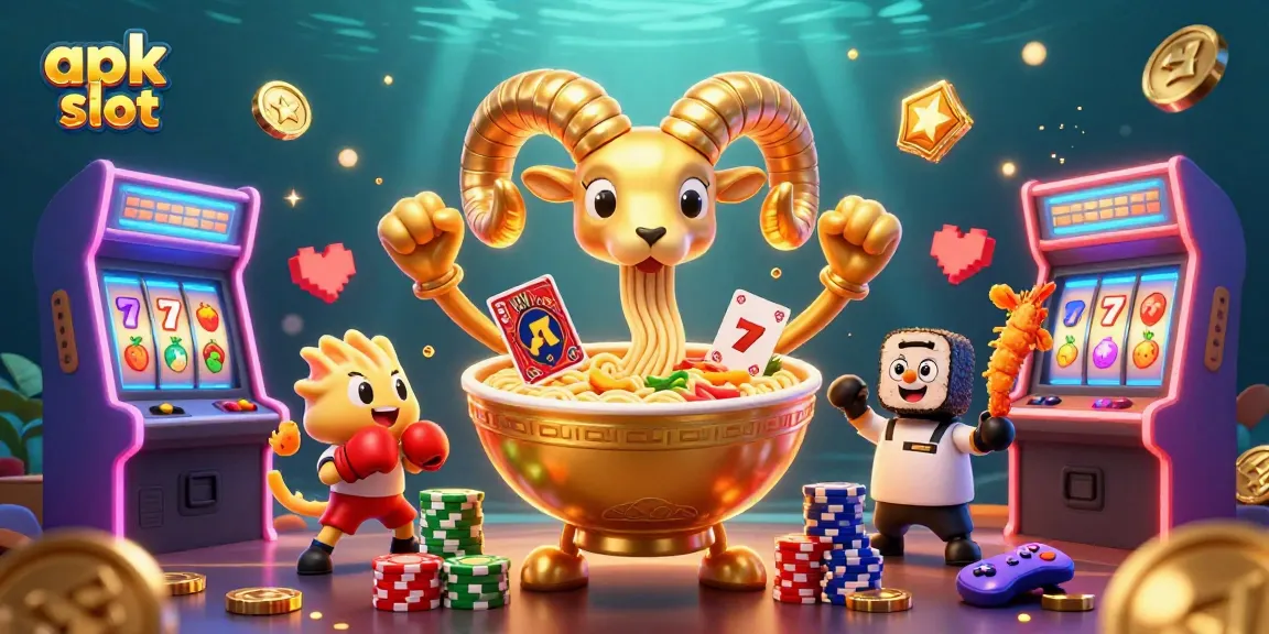 Engage with thrilling apk slot gaming featuring a vibrant scene with animated food characters and casino elements.