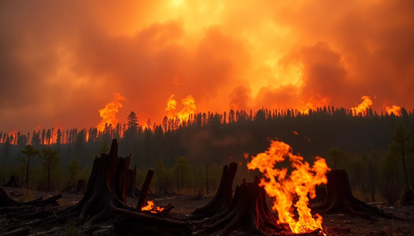 Witnessing wildfire events consuming forests, showcasing firefighters battling the flames.