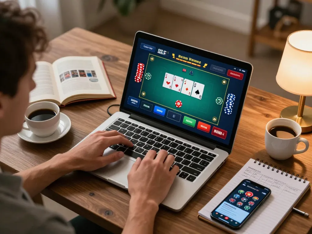 Player enjoying rokok 88 online poker session at home while managing strategy notes and smartphone.