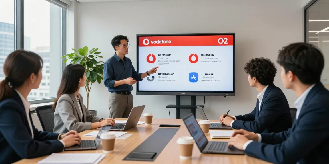Comparing Vodafone vs O2 business mobile plans in a professional office meeting.