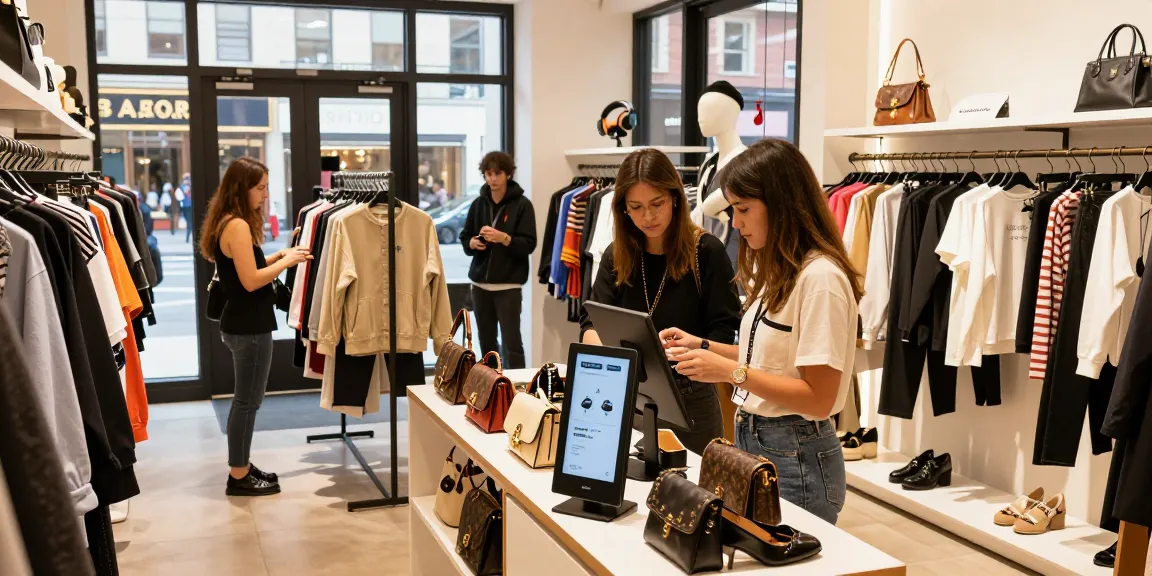 Exciting shopping experience at a 레플리카 사이트 showcasing luxury fashion items in a vibrant urban boutique.