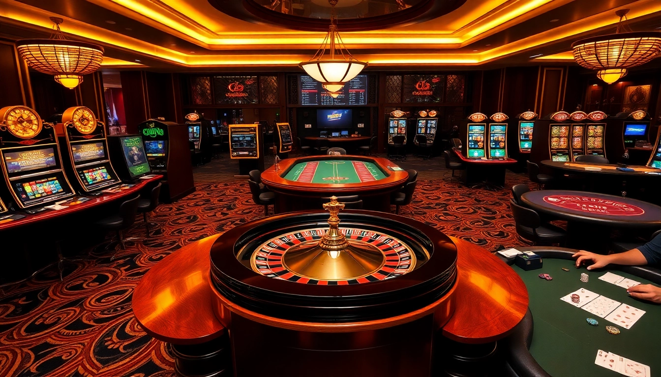 Une foule profitant des jeux à la meilleure casino en ligne avec des machines à sous vibrantes et des tables de poker.