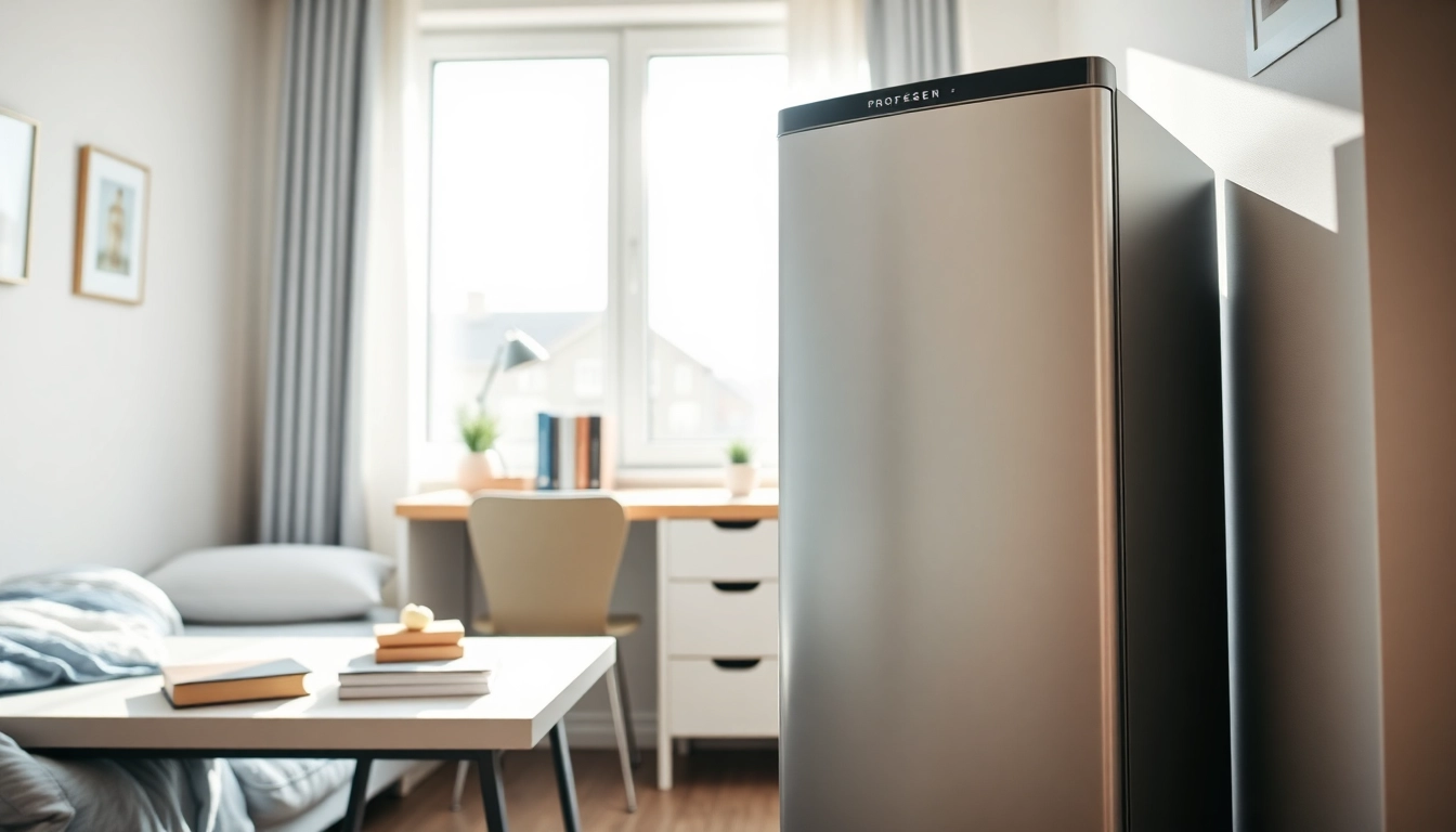 Dorm room fridge displayed in a modern setting with stylish decor, illustrating its practicality.