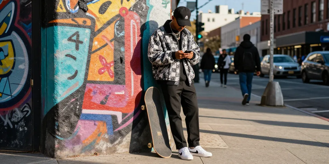 Stylish individual in 레플리카 clothing amidst urban street fashion scene