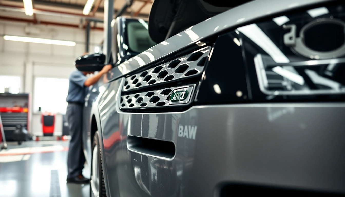 Engaging Land Rover Service technicians repairing a Land Rover vehicle in a professional workshop.