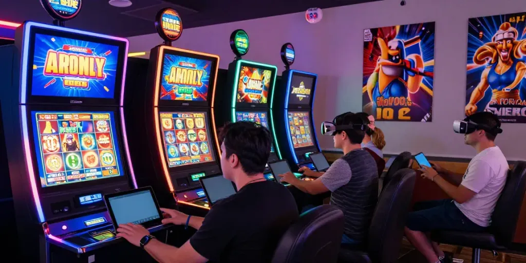 Slot777 - Pengalaman bermain slot online yang menarik dengan pemain beragam dan mesin slot berwarna-warni.