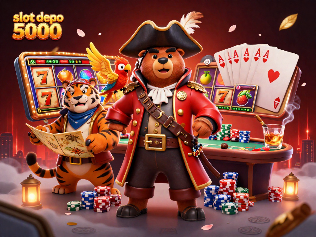 Engage with slot depo 5000 featuring a vibrant 3D scene of a pirate bear and tiger amid slot reels and poker elements.