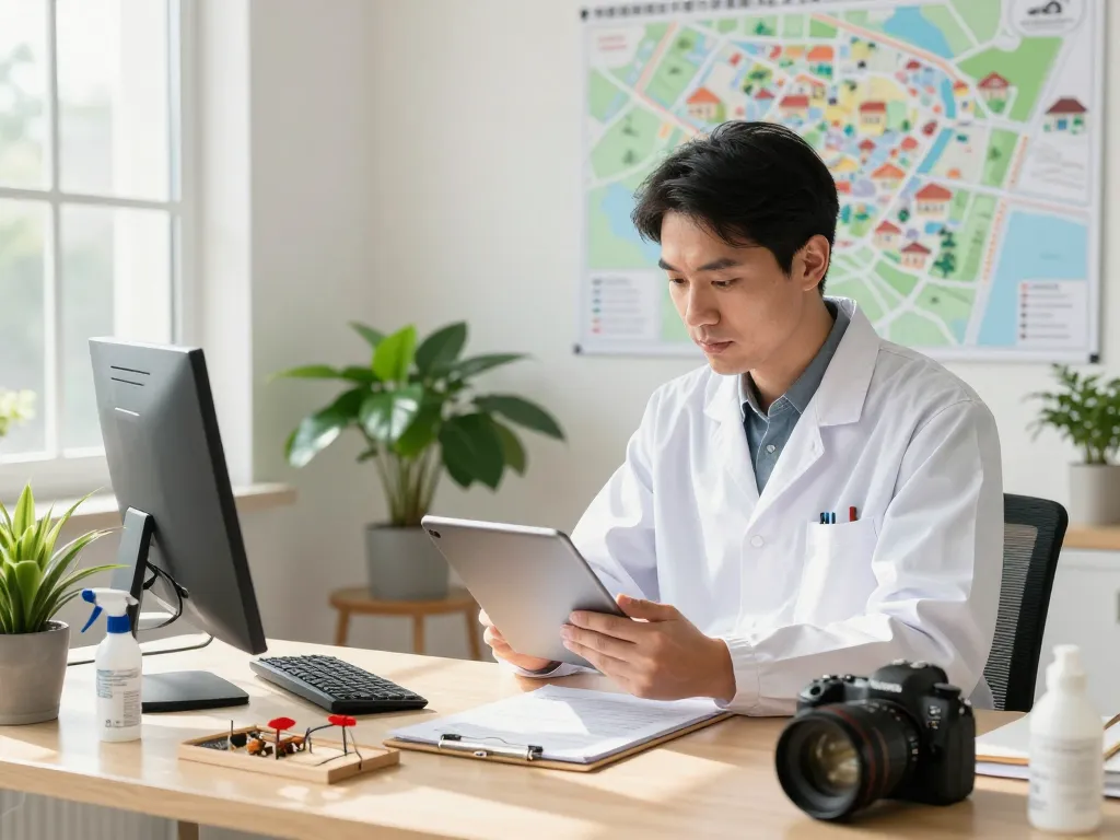 Pest control expert reviewing inspection strategies in organized home office.