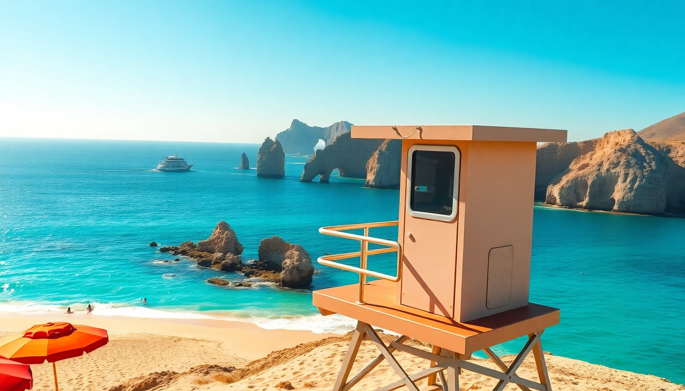 Experience Cabo San Lucas real estate with stunning beachfront views from the lifeguard tower.