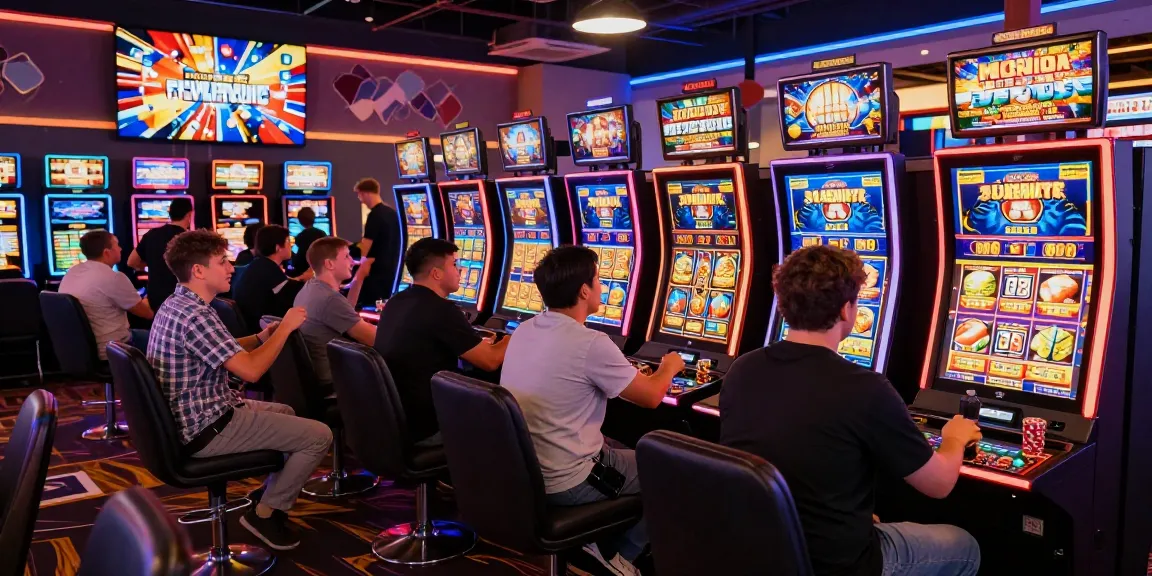 Exciting bonus buy slots scene in a lively casino showcasing vibrant gaming atmosphere with players.