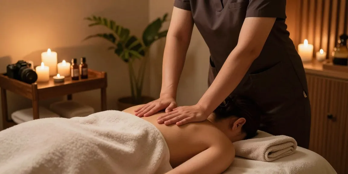 Massage therapy session in a serene spa setting, with a masseuse helping clients relax.