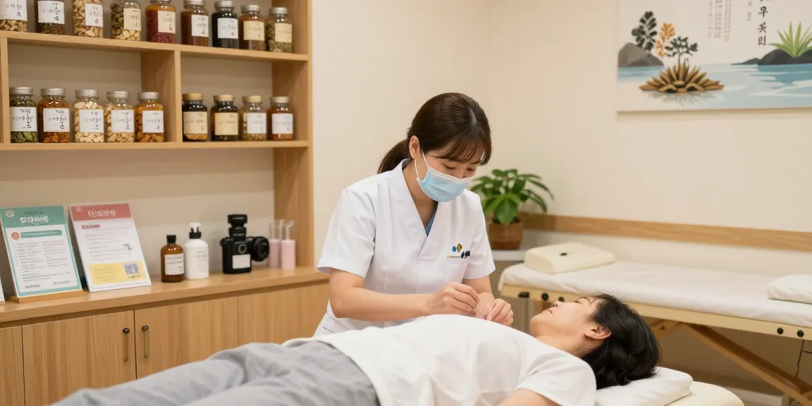 수원한의원 acupuncture treatment scene in a serene clinic atmosphere.