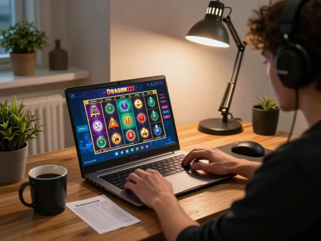 Engaging online gaming experience with DRAGON222 showcasing vibrant slots on a cozy home desk