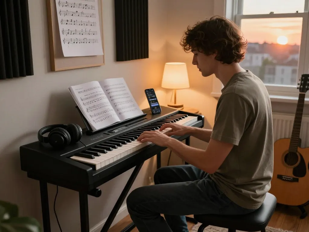 Music lover playing the go 88 digital piano in a cozy home studio, surrounded by music notes and tutorials.