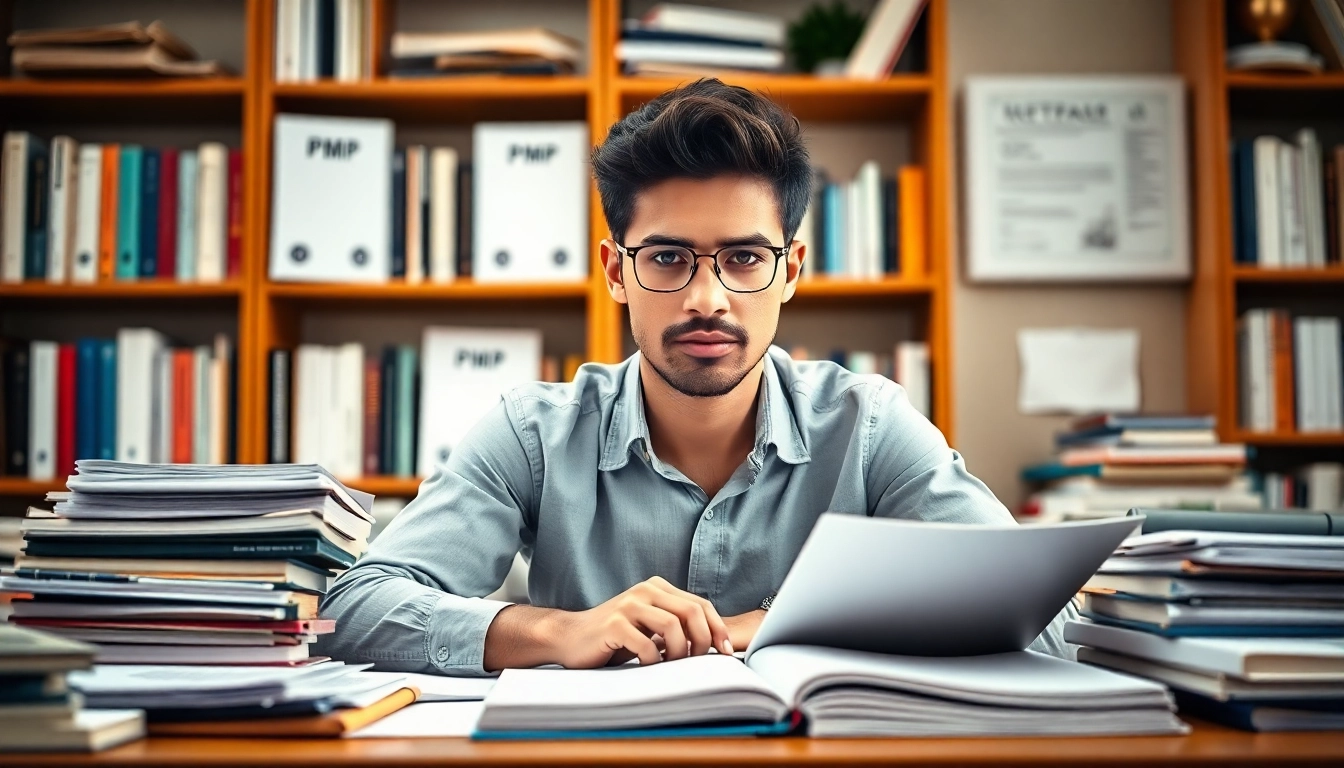 Focused student engaged in PMP exam support study materials at a desk.