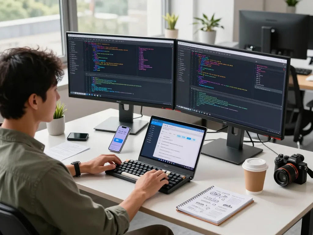Developer working with Telegram 中文 at a modern workspace, showcasing coding and chat interface.