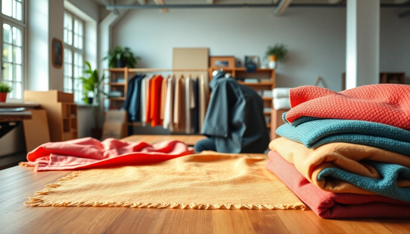 Duurzame stoffen gepresenteerd op een houten tafel, met een creatieve studio achtergrond