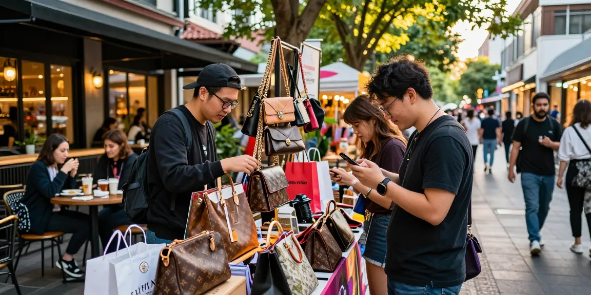 Shopping experience at a 레플리카 쇼핑몰 showcasing stylish replica handbags in an urban market setting