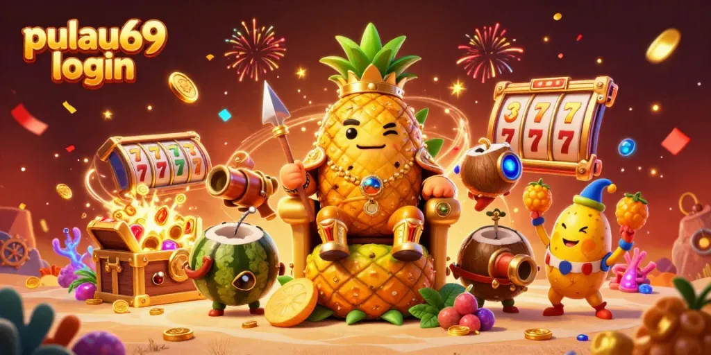 Engage with the pulau69 login experience featuring dynamic casino scenes with lively characters and vibrant decorations.