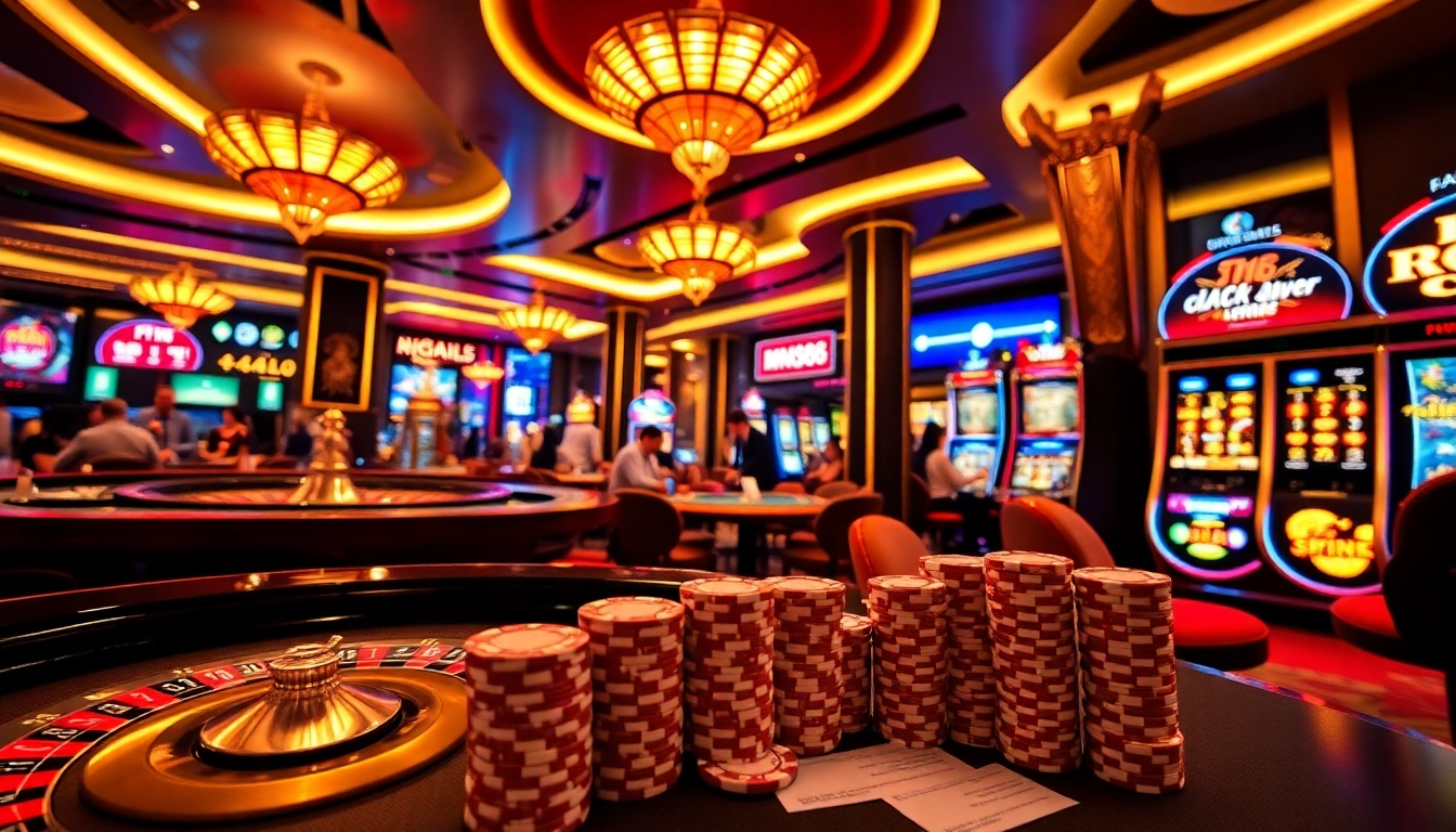 Gambling excitement at MM88 featuring poker tables and vibrant roulette wheels.