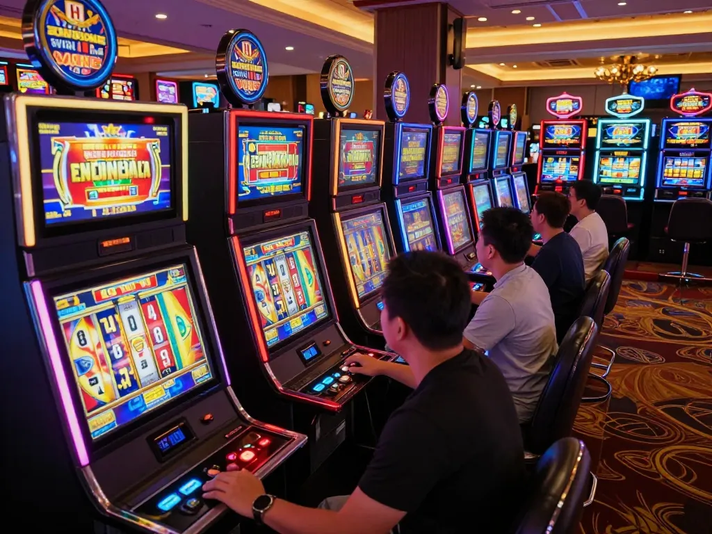 Players enjoying slot thailand machines with vibrant screens and engaging gameplay in a lively casino atmosphere