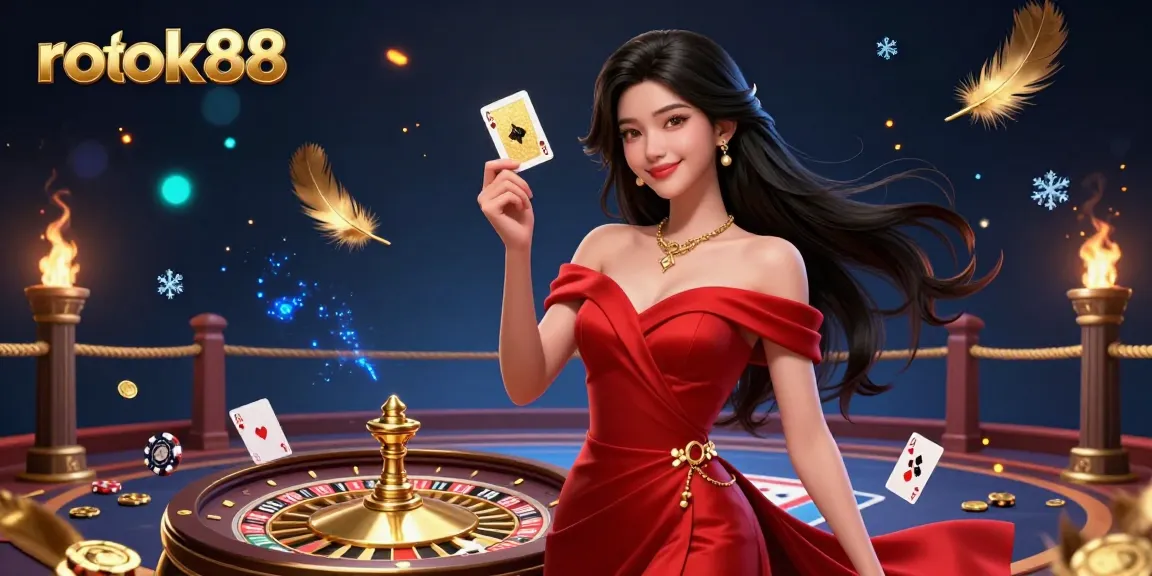 Experience the excitement of rokok88 with a stunning digital illustration of a confident Asian woman at a vibrant casino.