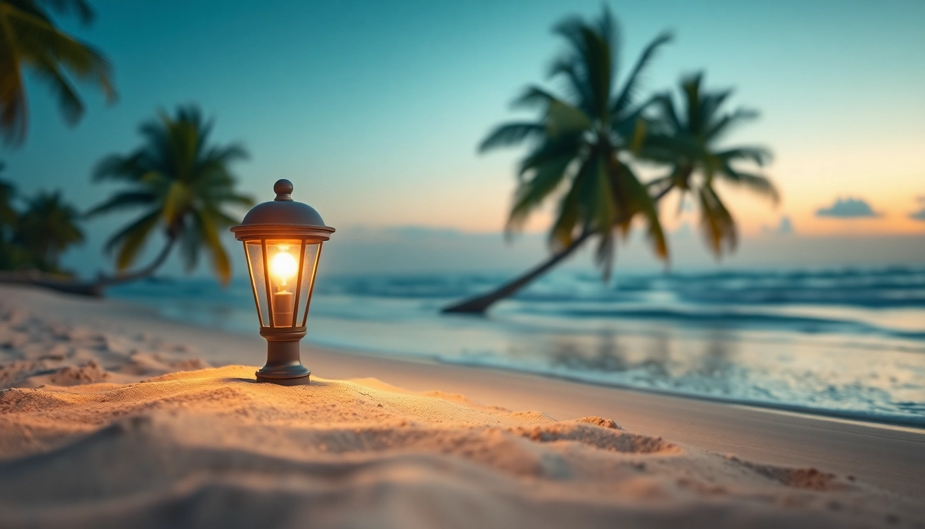 Illuminate your evenings with an exquisite island light casting a warm glow on a tranquil beach.