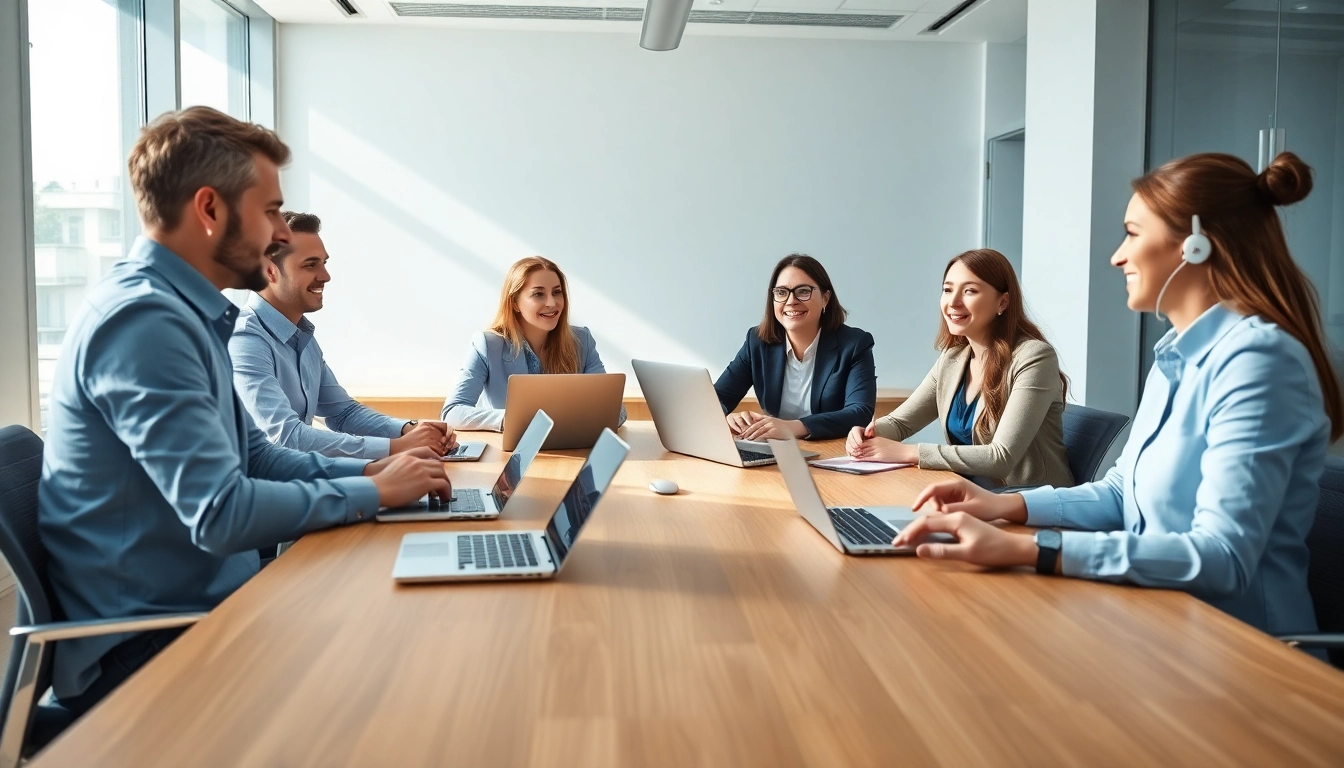 Visualize a digital first warranty company team collaborating on customer solutions in a bright modern office.