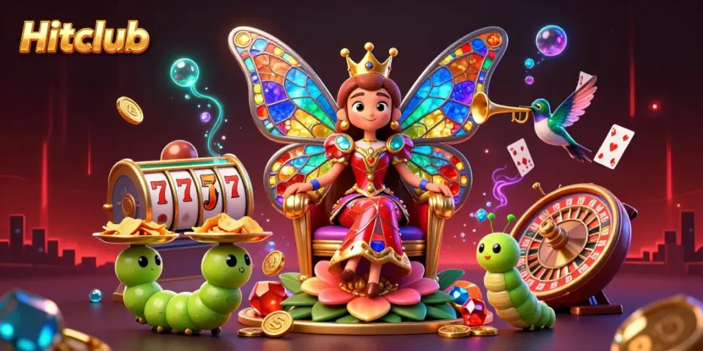Experience thrilling gaming at Hitclub with a vibrant 3D illustration featuring colorful casino elements.