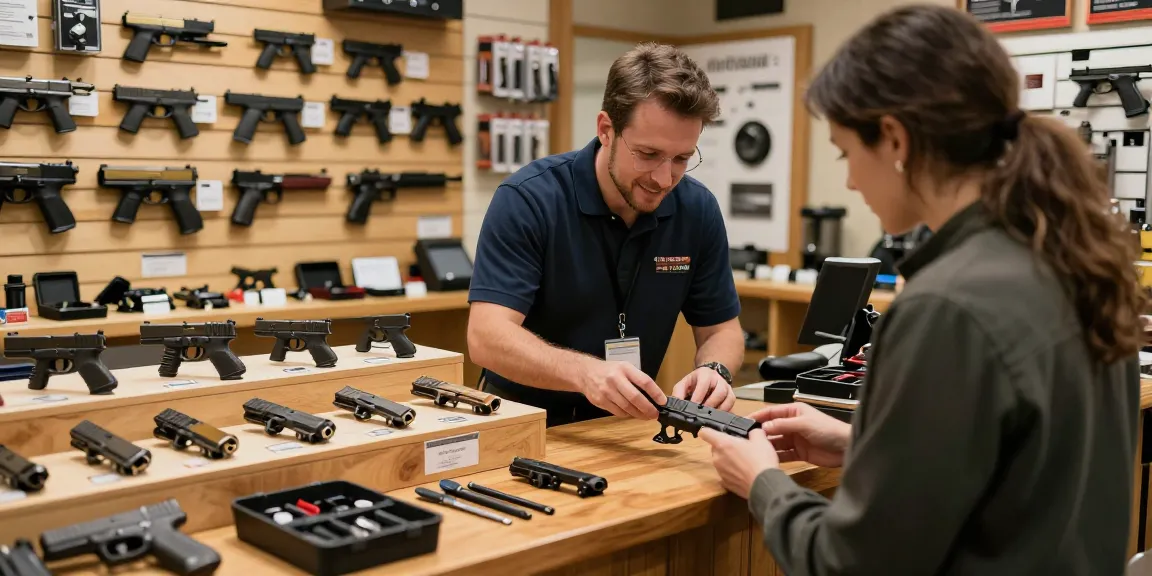 Precision Glock slides displayed in a friendly gun shop, highlighting product variety at https://precisionglockslides.com.