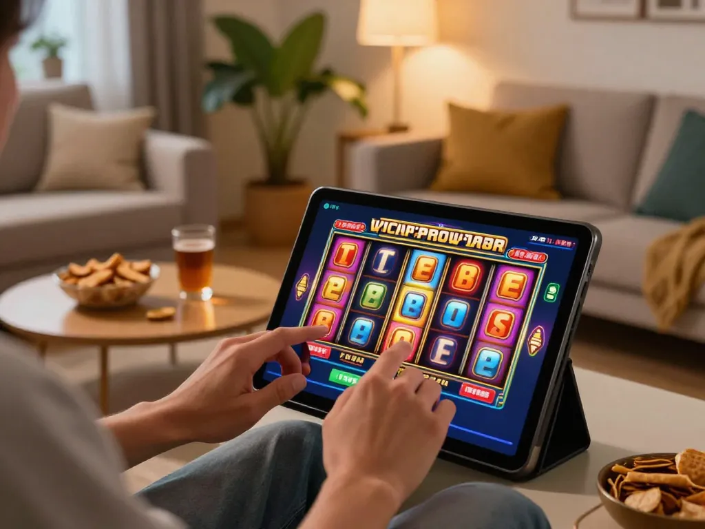 Engaging in Link Slot Gacor by enjoying vibrant slot games on a tablet at home