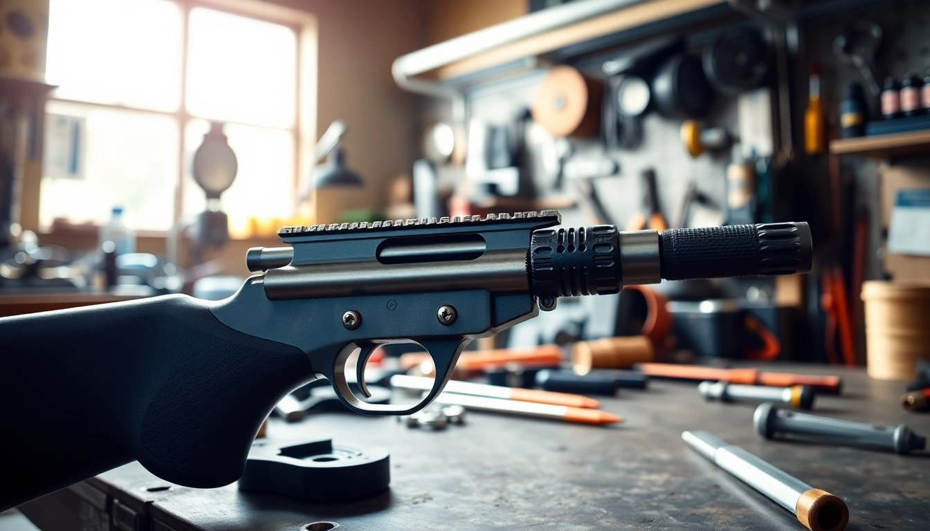 Highlighting a forced reset trigger for sale amidst tools in a workshop setting.
