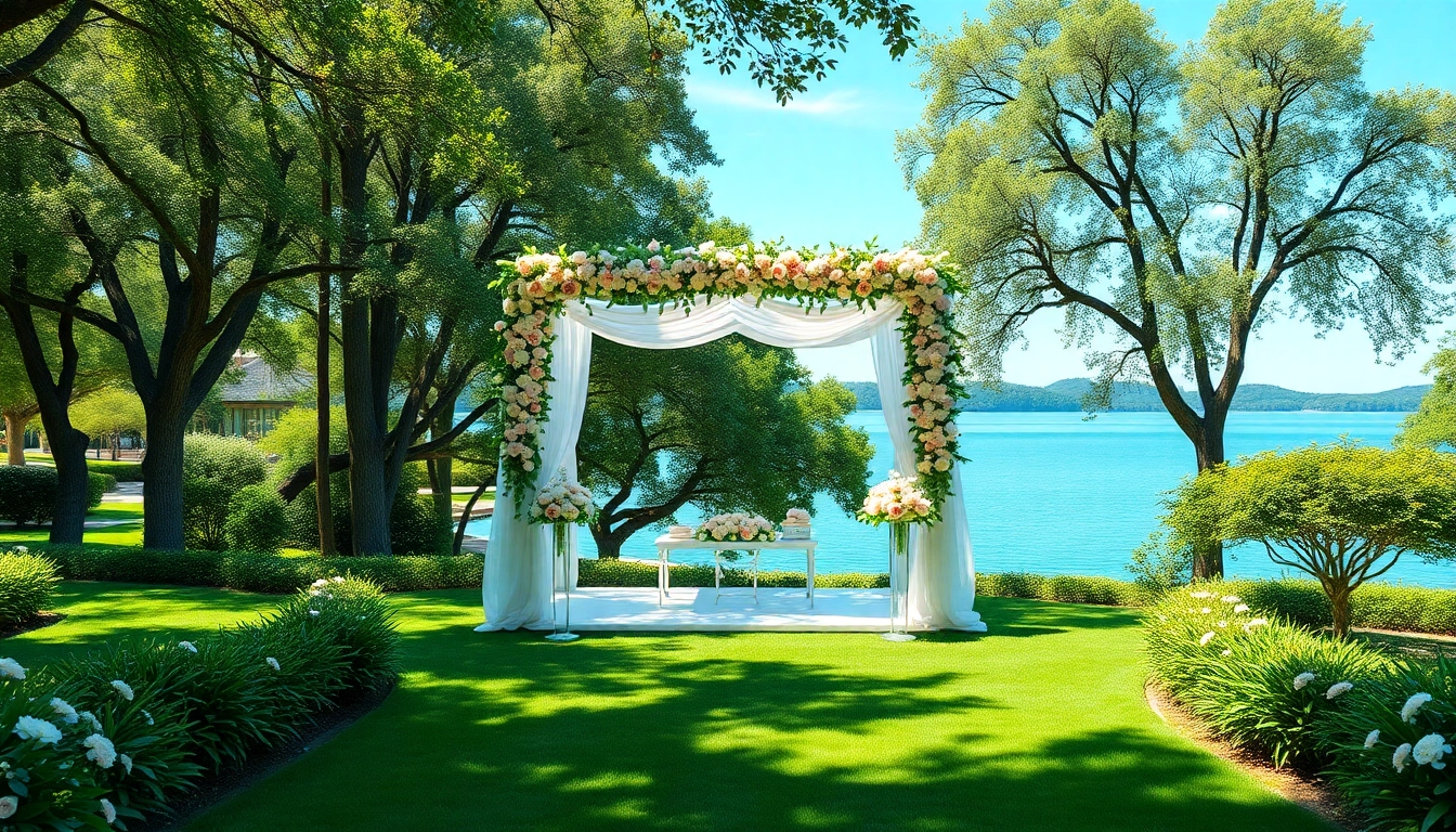 Beautiful Weddings Venue with floral décor and serene lake backdrop, perfect for romantic celebrations.