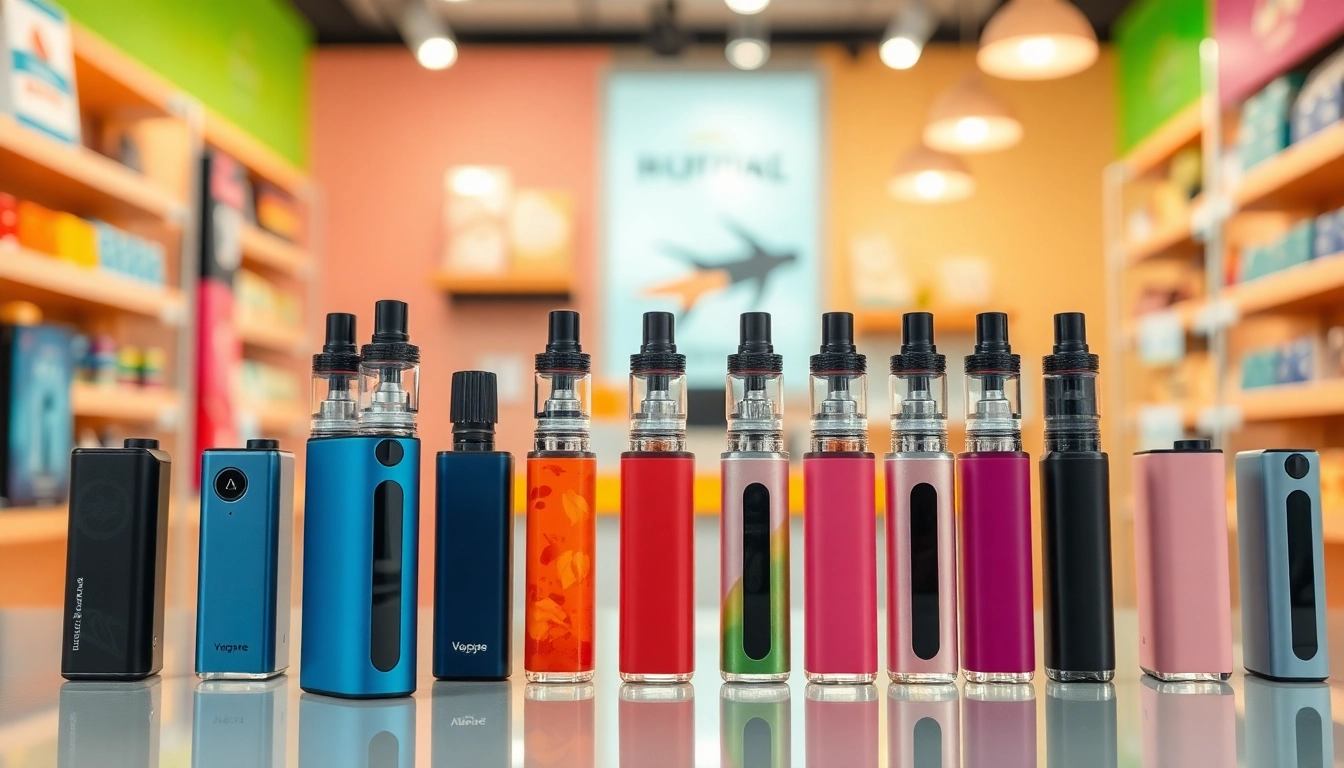 Showcase of various disposable vapes highlighting colors and designs in a vibrant retail setting.