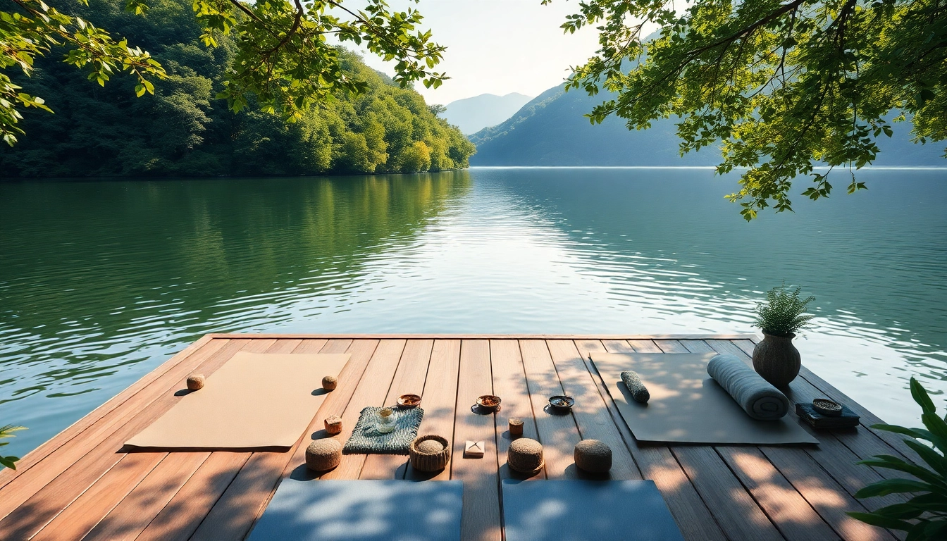 Experience tranquility at a wellness retreat by a serene lake with yoga mats and natural beauty.
