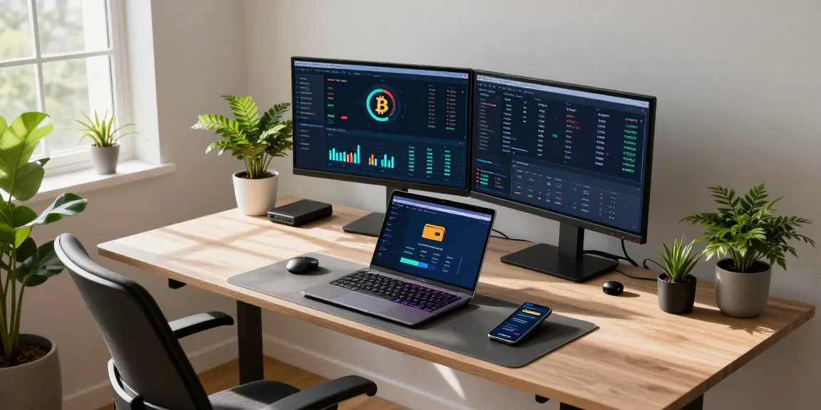 Bitcoin mining website showcased in a modern workspace with cryptocurrency performance analytics on screens, demonstrating advanced mining technology and secure operations