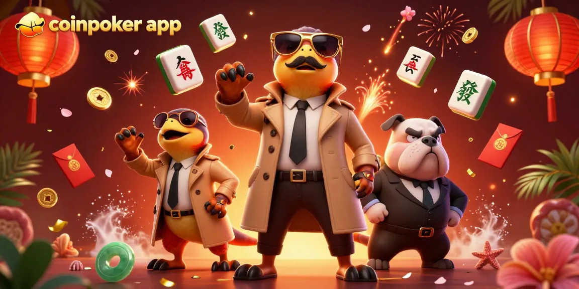 Profitez de l'expérience immersive de l'application CoinPoker avec des raptors en trench coat dans un casino.