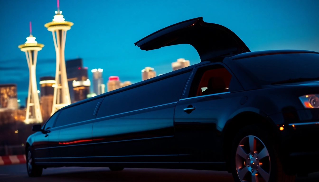 Experience luxury with a seattle to vancouver limo, featuring a sleek black limousine against the city skyline.