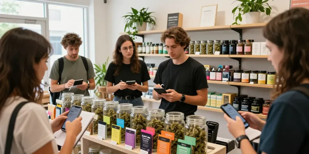 Engaging cannabis dispensary with Alienlab premium strains on display.