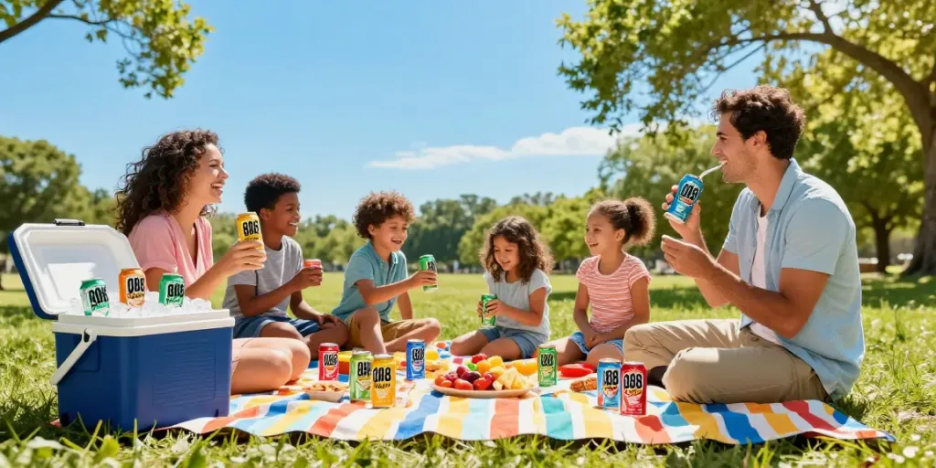 Family enjoying ROKOK88 soda during a picnic, surrounded by snacks and laughter.