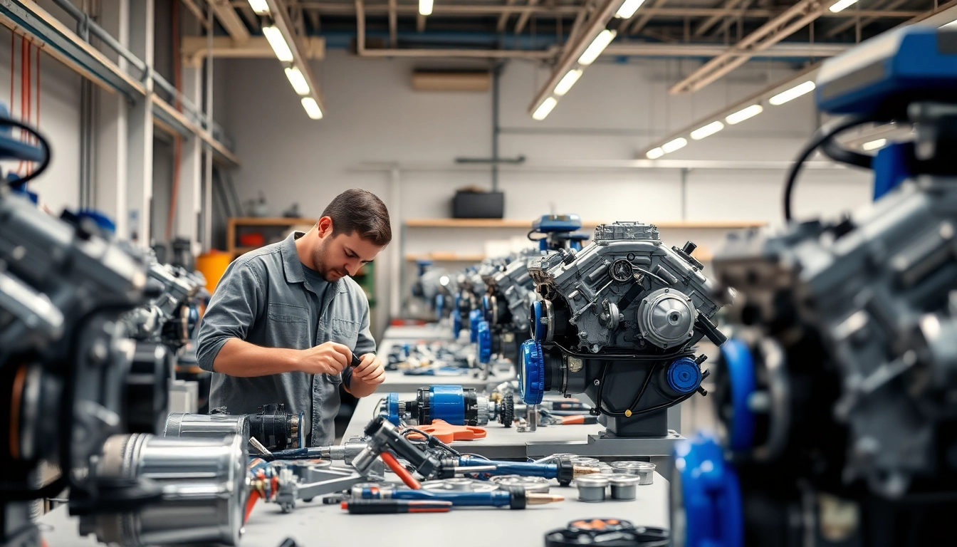 Mechanic assembling approved engines in bright workshop showcasing detailed craftsmanship.