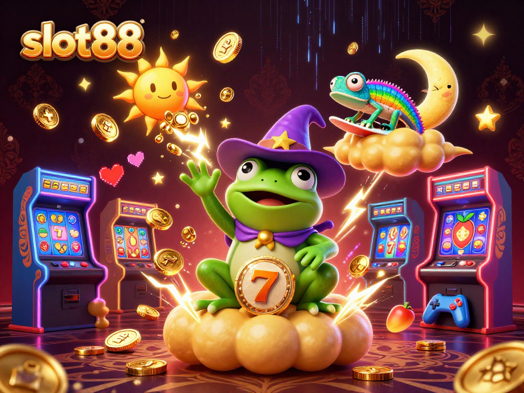 Mainkan slot88 dengan kemewahan simbol jackpot dan koin emas yang berwarna-warni.