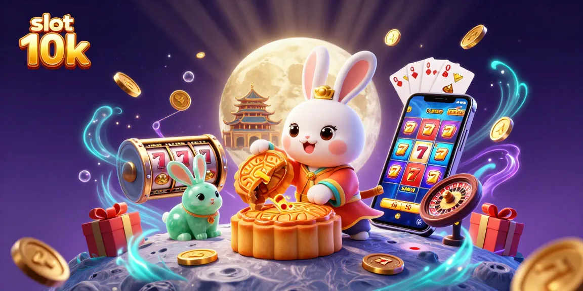 Experience the thrill of slot deposit 10k with a cartoon moon rabbit revealing poker chips amidst vibrant casino elements.