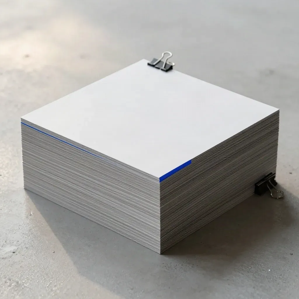 Blank presentation boards with metal spacers and clip on a misty plaster surface at dawn